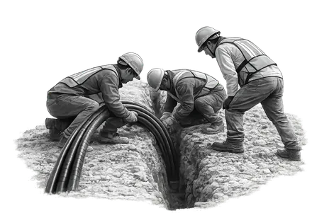Cuadrilla tendiendo ductos de fibra óptica en zanja